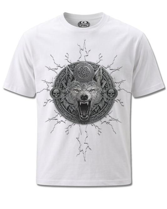 Spiral Valhalla design, front view on White M113, Rock Off Retail official merch