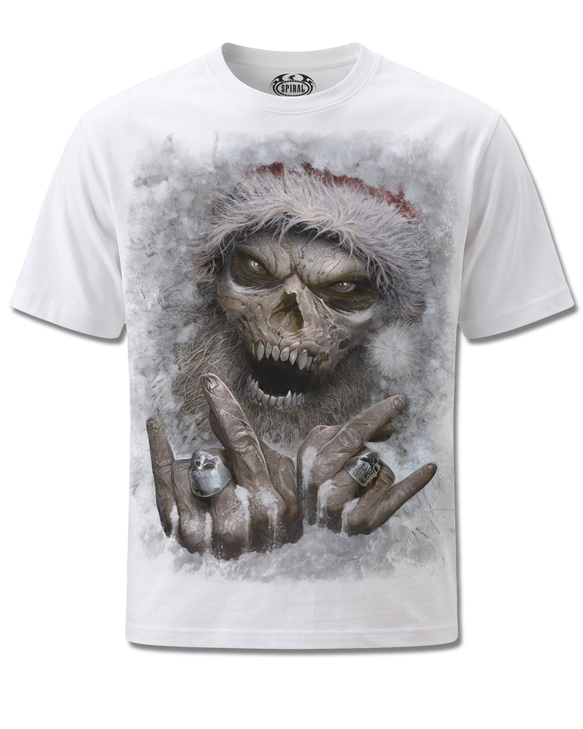 Spiral Rock Santa design, front view on White M113, Rock Off Retail official merch