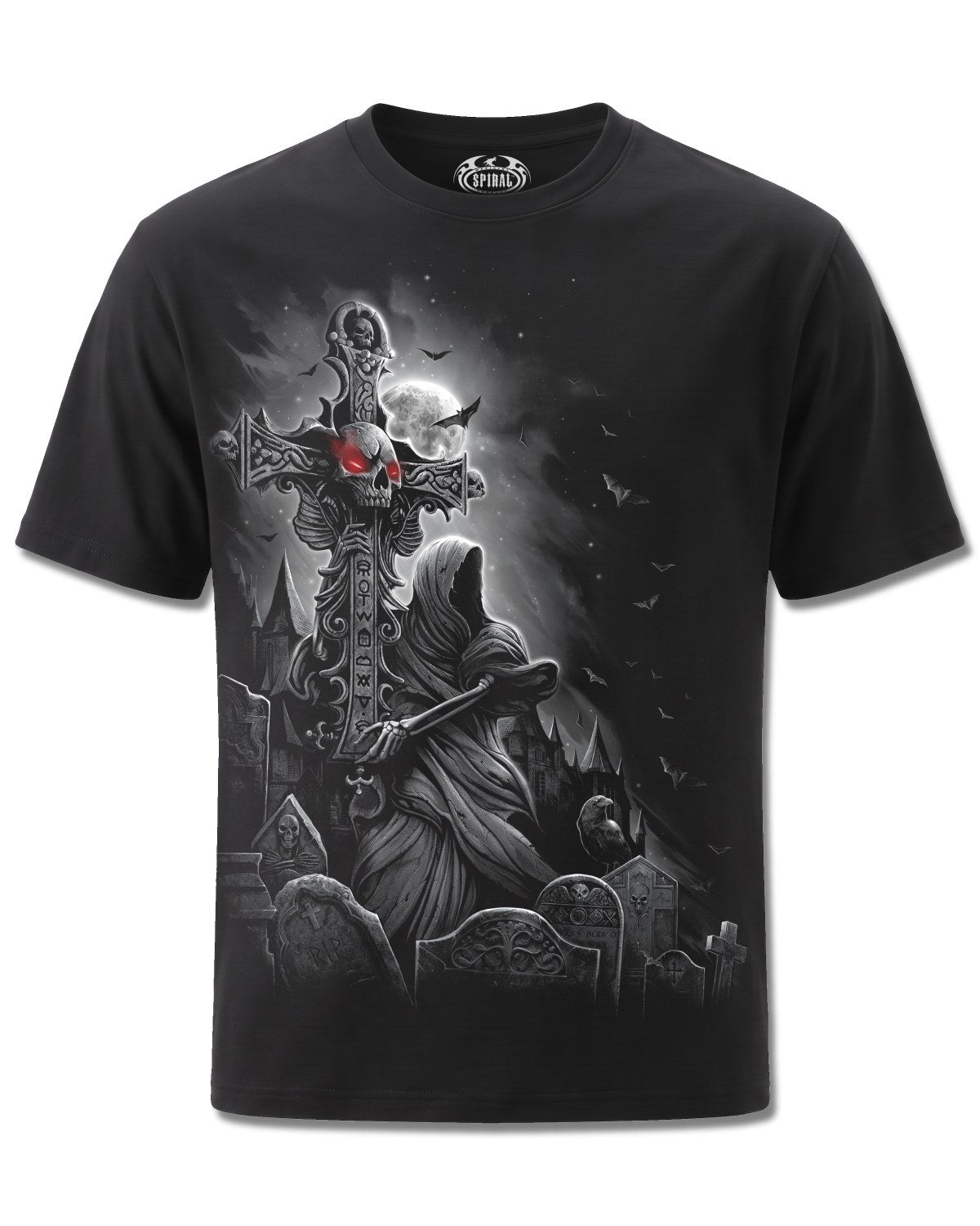 Spiral Grave Walker design, front view on Black M121, Rock Off Retail official merch