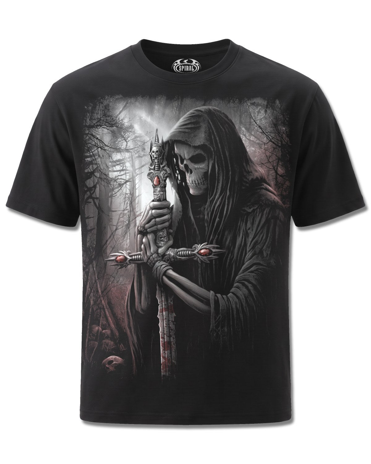 Spiral Soul Searcher design, front view on Black M121, Rock Off Retail official merch