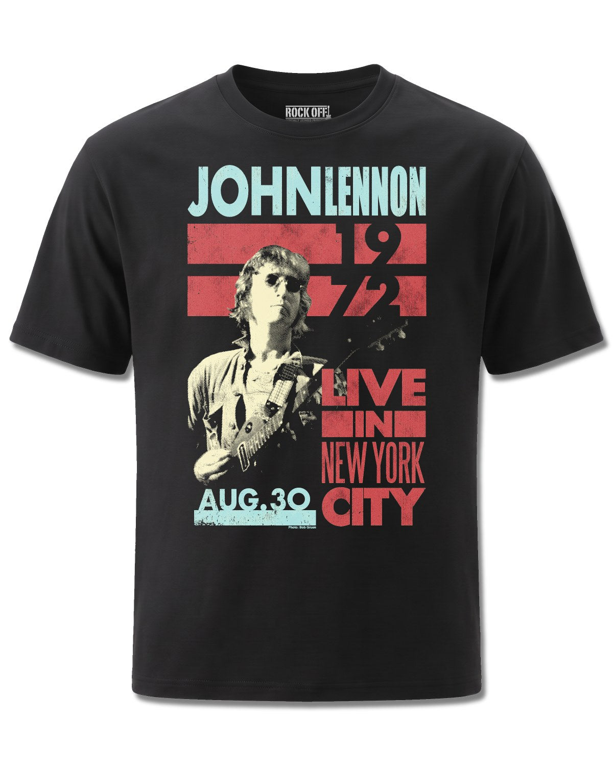 John Lennon Live In New York City (John Lennon) design, front view on Black M121, Rock Off Retail official merch