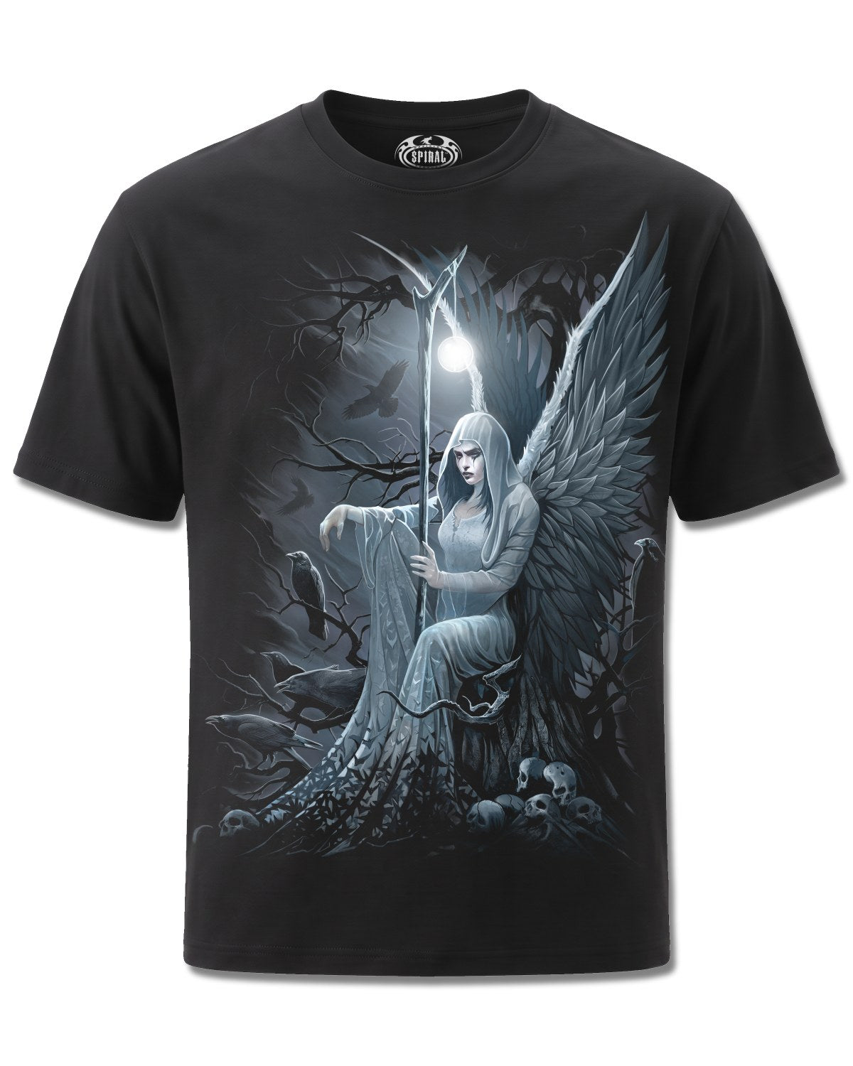 Spiral Ethereal Angel design, front view on Black M121, Rock Off Retail official merch