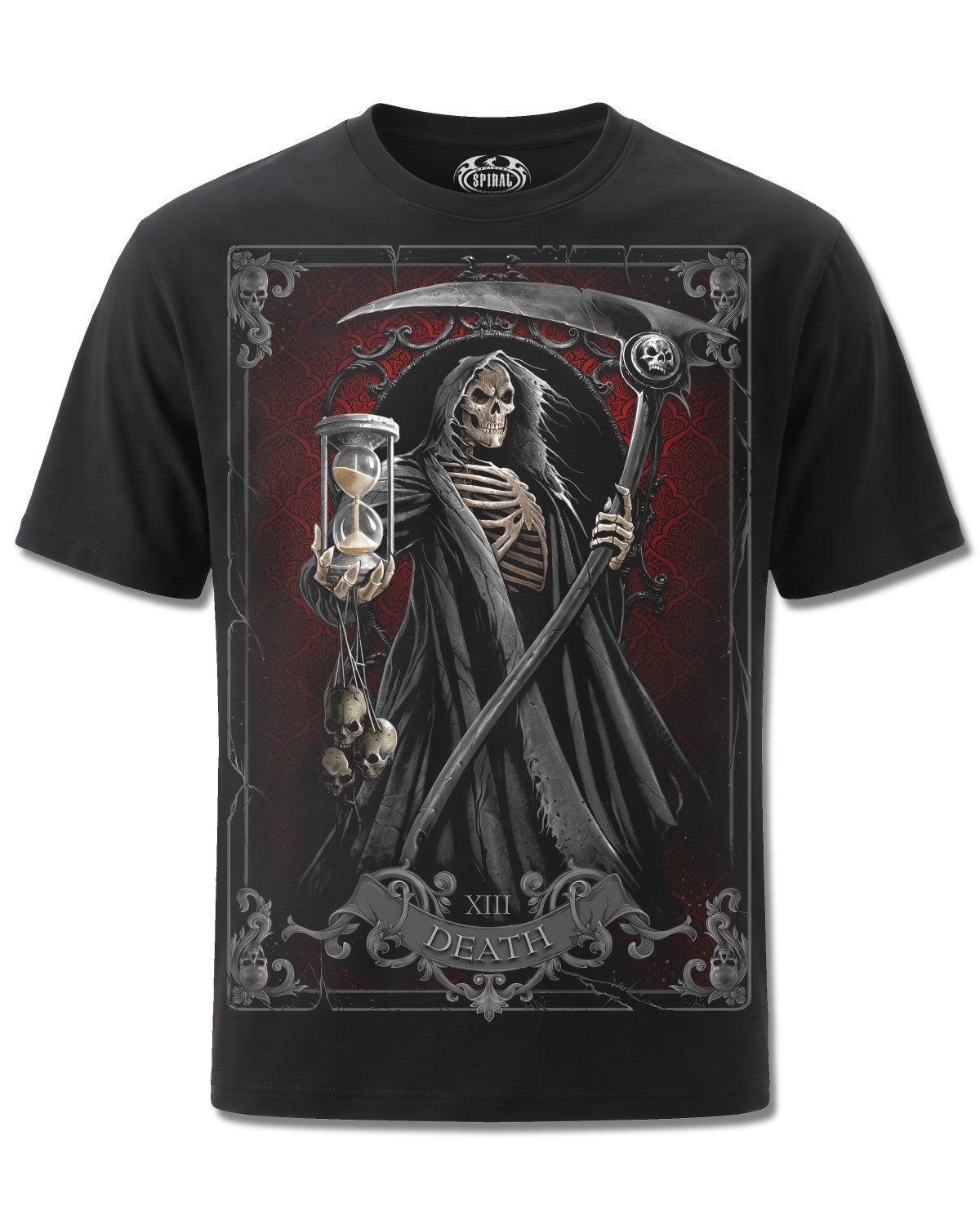 Spiral Death Tarot design, front view on Black M121, Rock Off Retail official merch