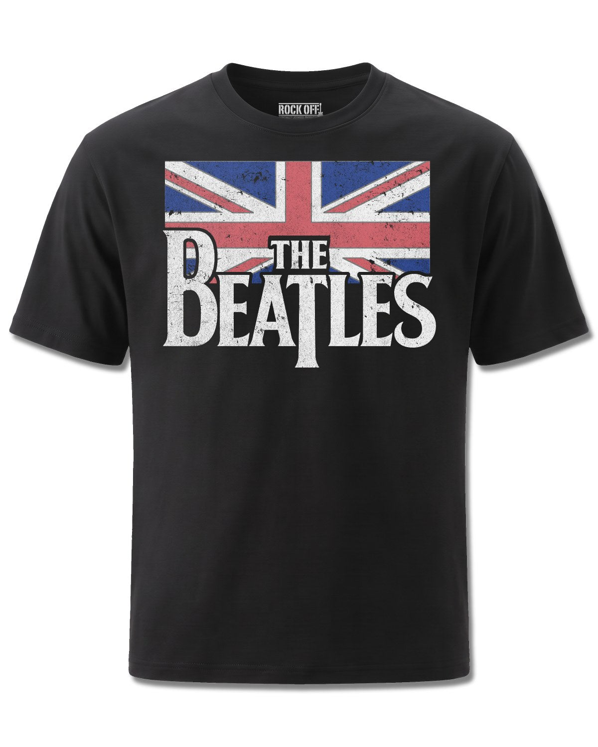 The Beatles Drop T Logo & Vintage Flag (The Beatles) design, front view on Black M121, Rock Off Retail official merch