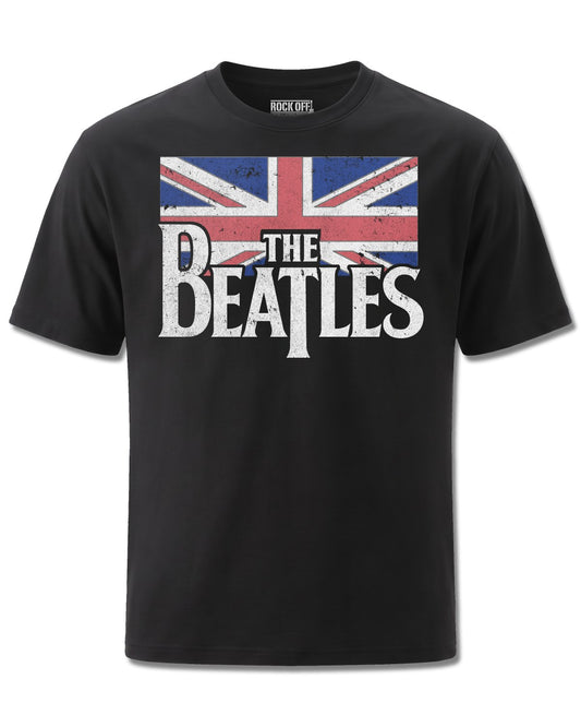 The Beatles Drop T Logo & Vintage Flag (The Beatles) design, front view on Black M121, Rock Off Retail official merch