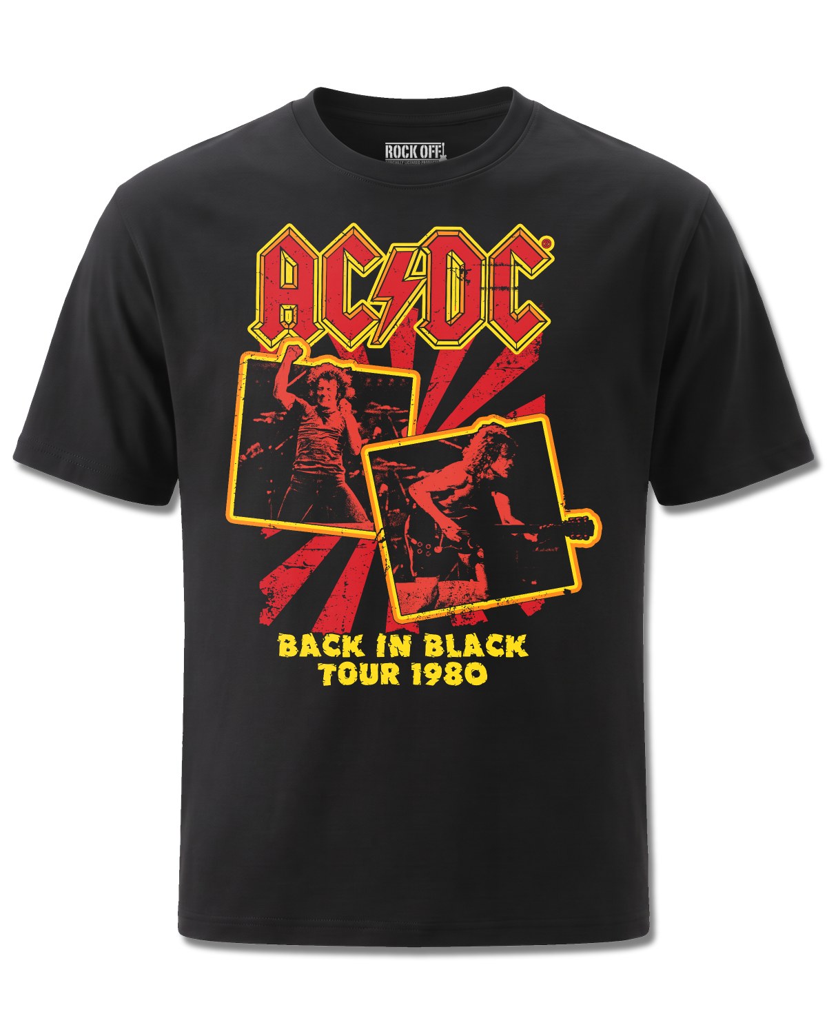 AC/DC Back In Black Tour 1980 (AC/DC) design, front view on Black M121, Rock Off Retail official merch