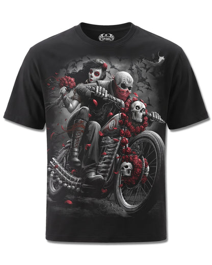 Spiral DOTD Bikers design, front view on Black M121, Rock Off Retail official merch