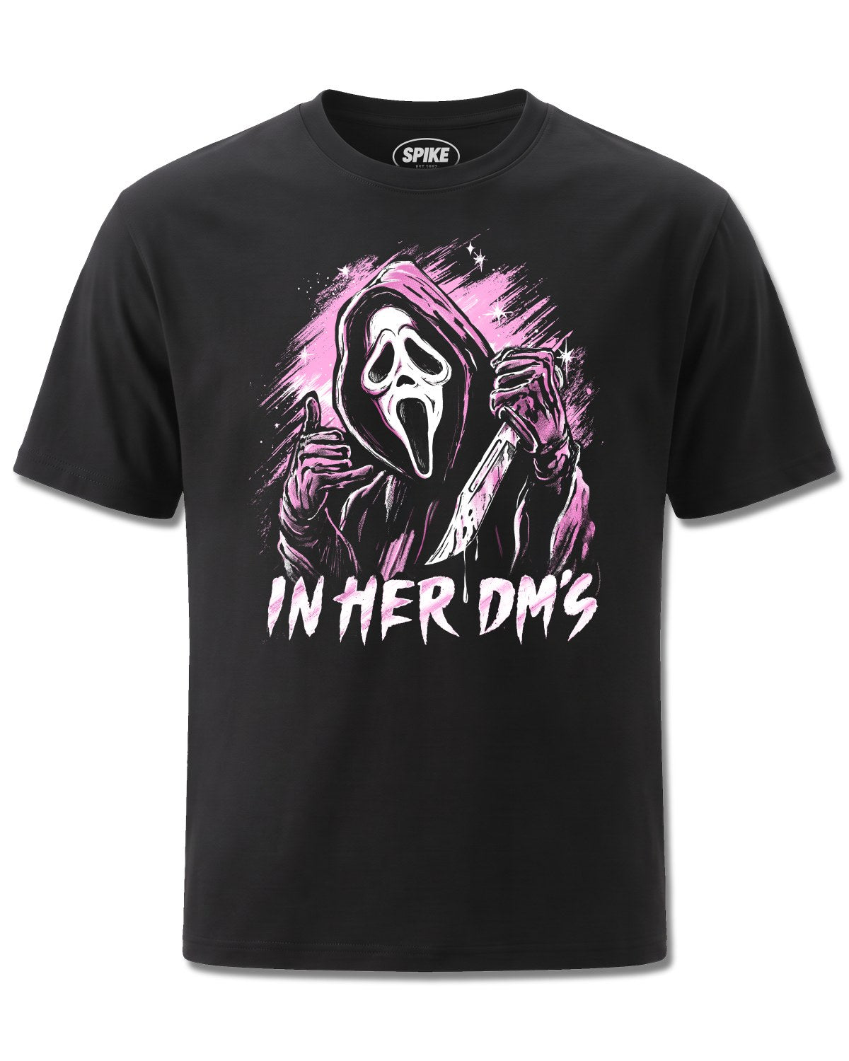 Ghost Face In Her Dm's (Ghost Face) design, front view on Black M121, Rock Off Retail official merch