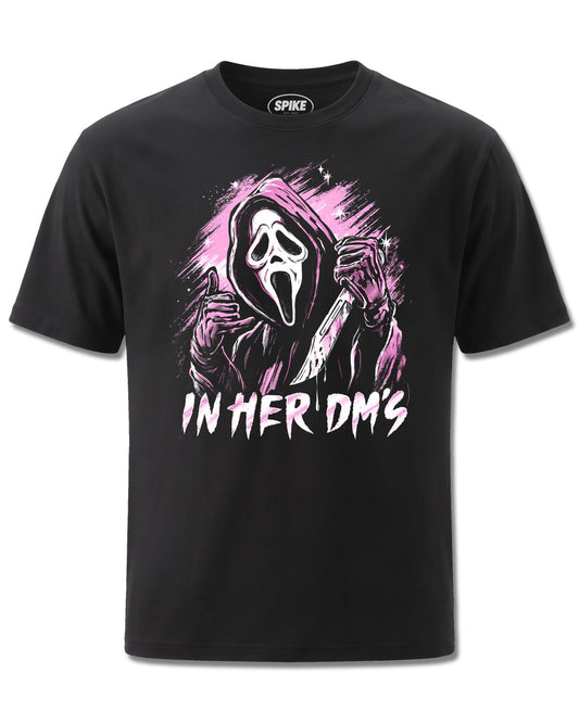 Ghost Face In Her Dm's (Ghost Face) design, front view on Black M121, Rock Off Retail official merch