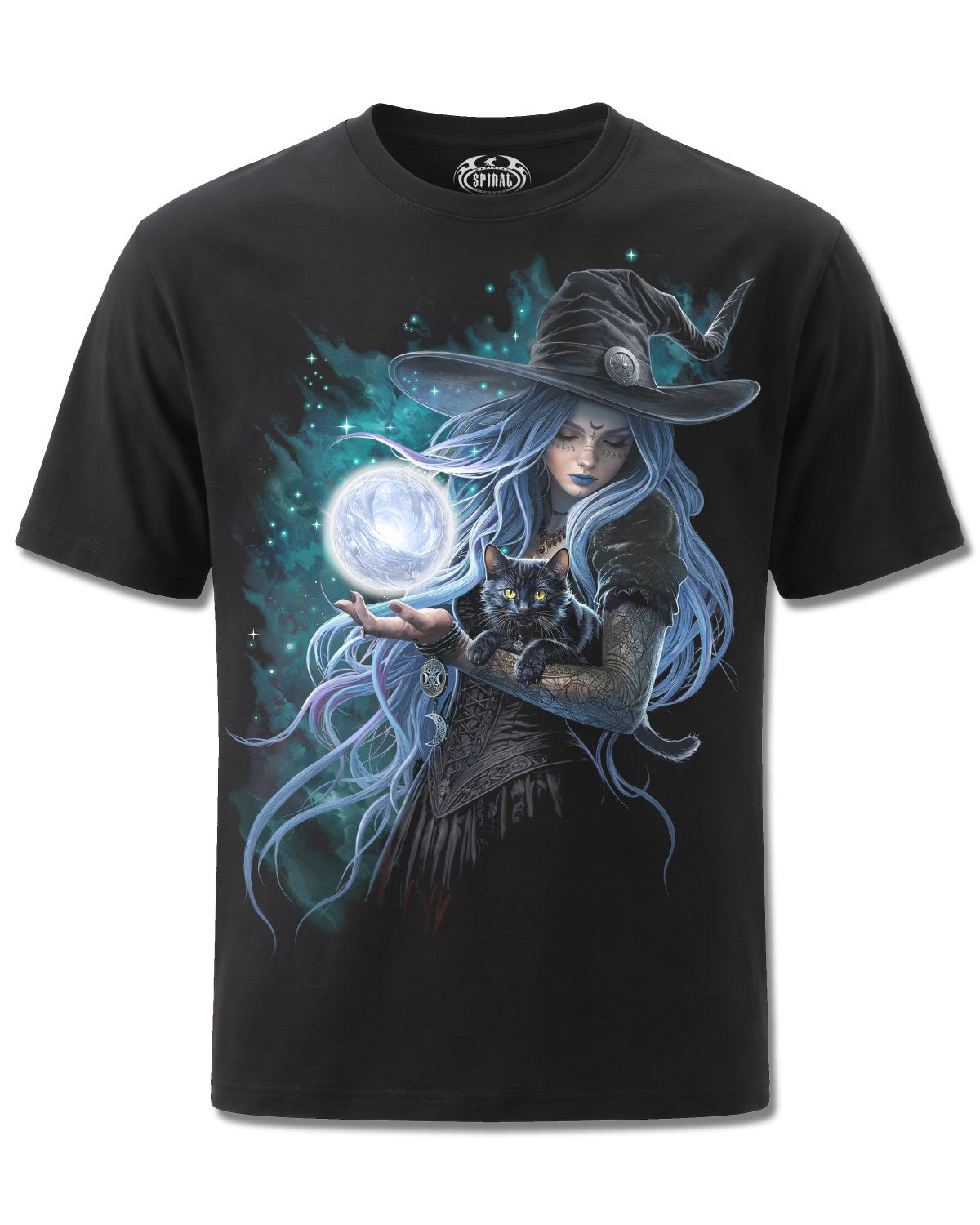 Spiral Mystic Moon design, front view on Black M121, Rock Off Retail official merch