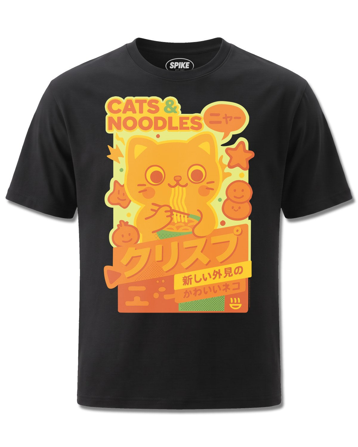 Pango Cats Noodles (Pango) design, front view on Black M121, Rock Off Retail official merch