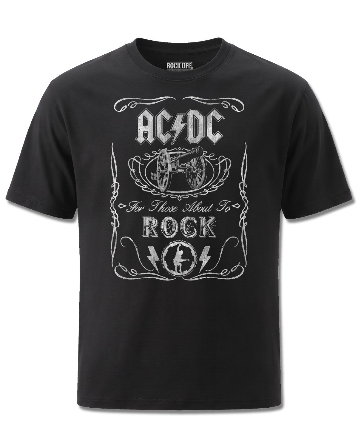 AC/DC Vintage Cannon Swig (AC/DC) design, front view on Black M121, Rock Off Retail official merch