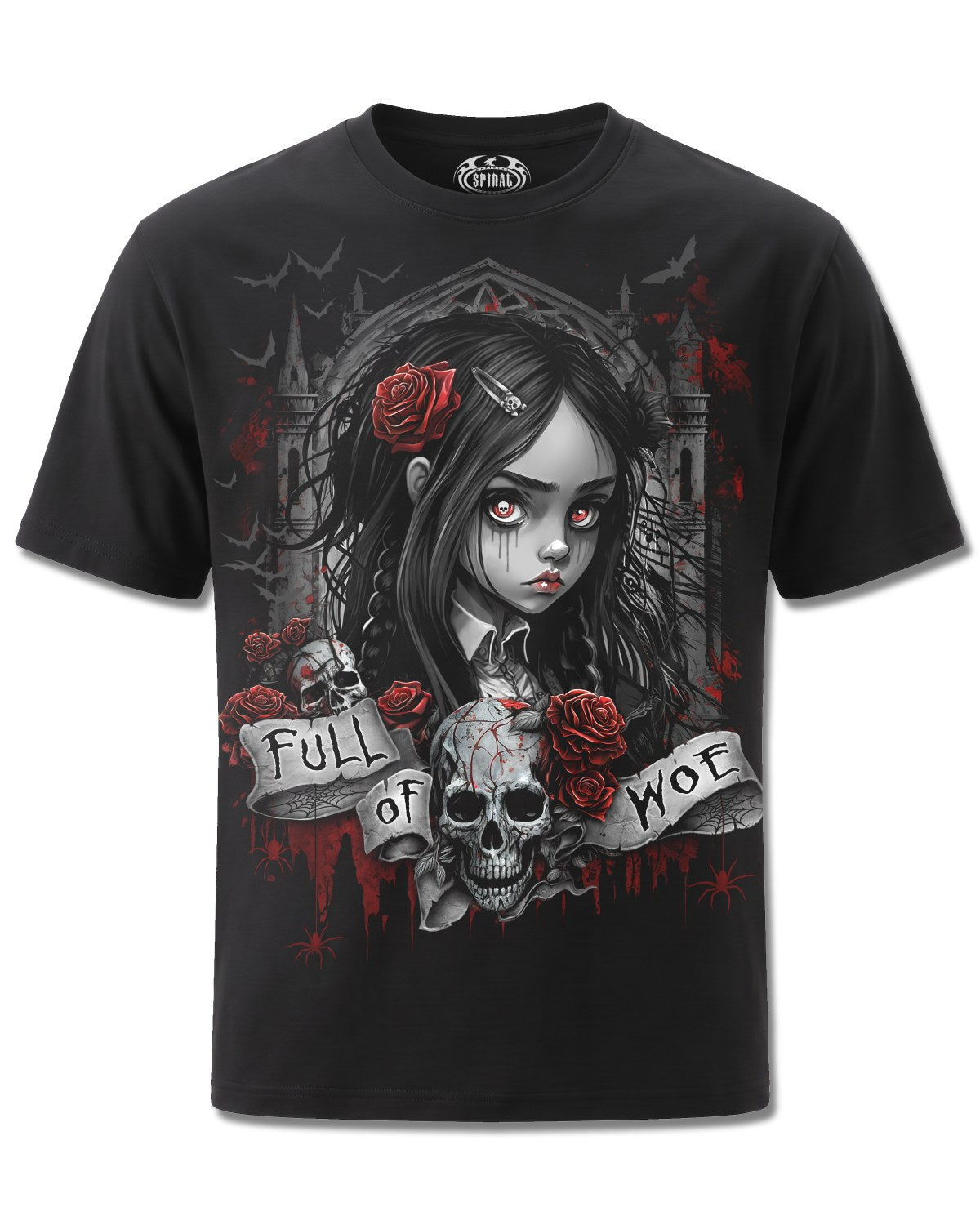 Spiral Full Of Woe design, front view on Black M121, Rock Off Retail official merch