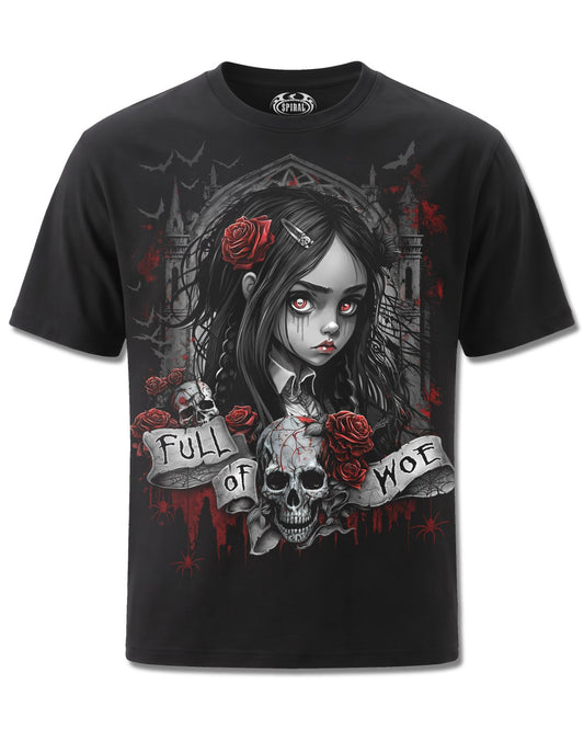 Spiral Full Of Woe design, front view on Black M121, Rock Off Retail official merch