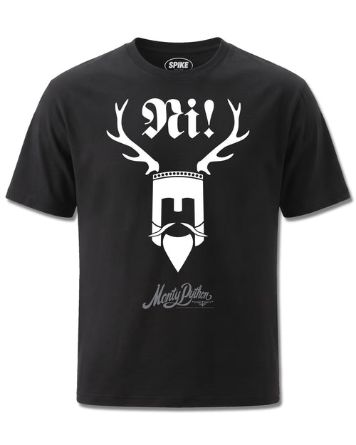 Monty Python Knights Of Ni! (Monty Python) design, front view on Black M121, Rock Off Retail official merch