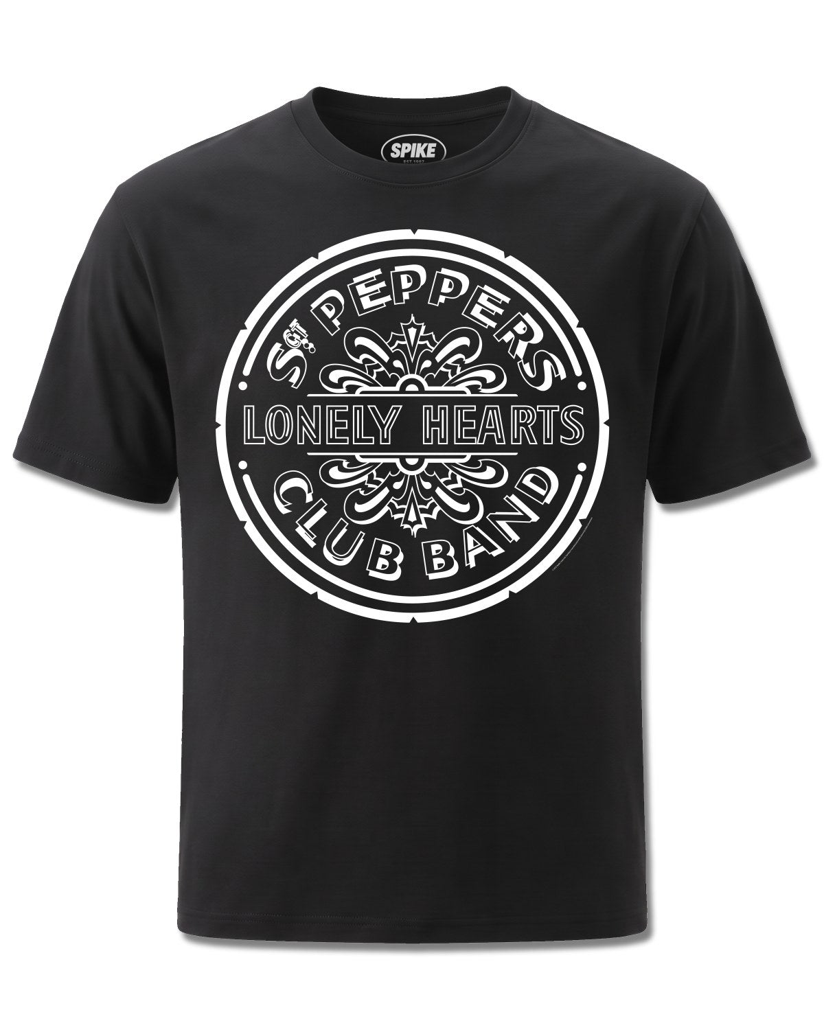 Beatles Sgt Pepper Mono (The Beatles) design, front view on Black M121, Rock Off Retail official merch