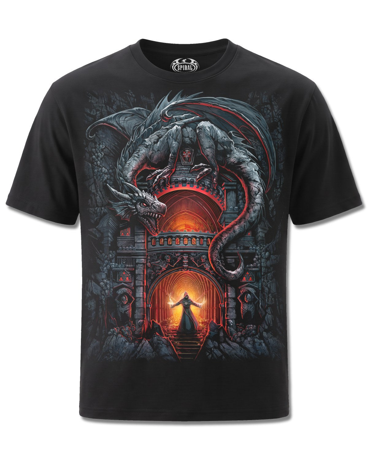 Spiral Dragon's Lair design, front view on Black M121, Rock Off Retail official merch