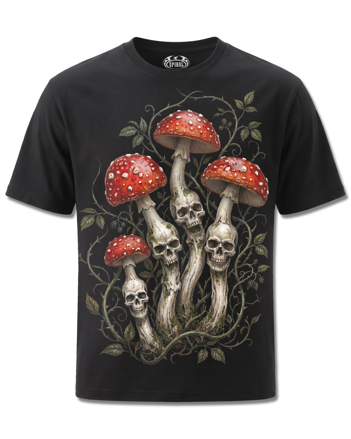 Spiral Shrooms design, front view on Black M121, Rock Off Retail official merch