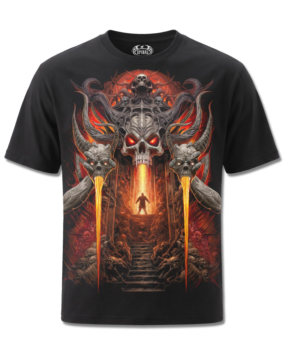 Spiral Gates Of Hell design, front view on Black M121, Rock Off Retail official merch