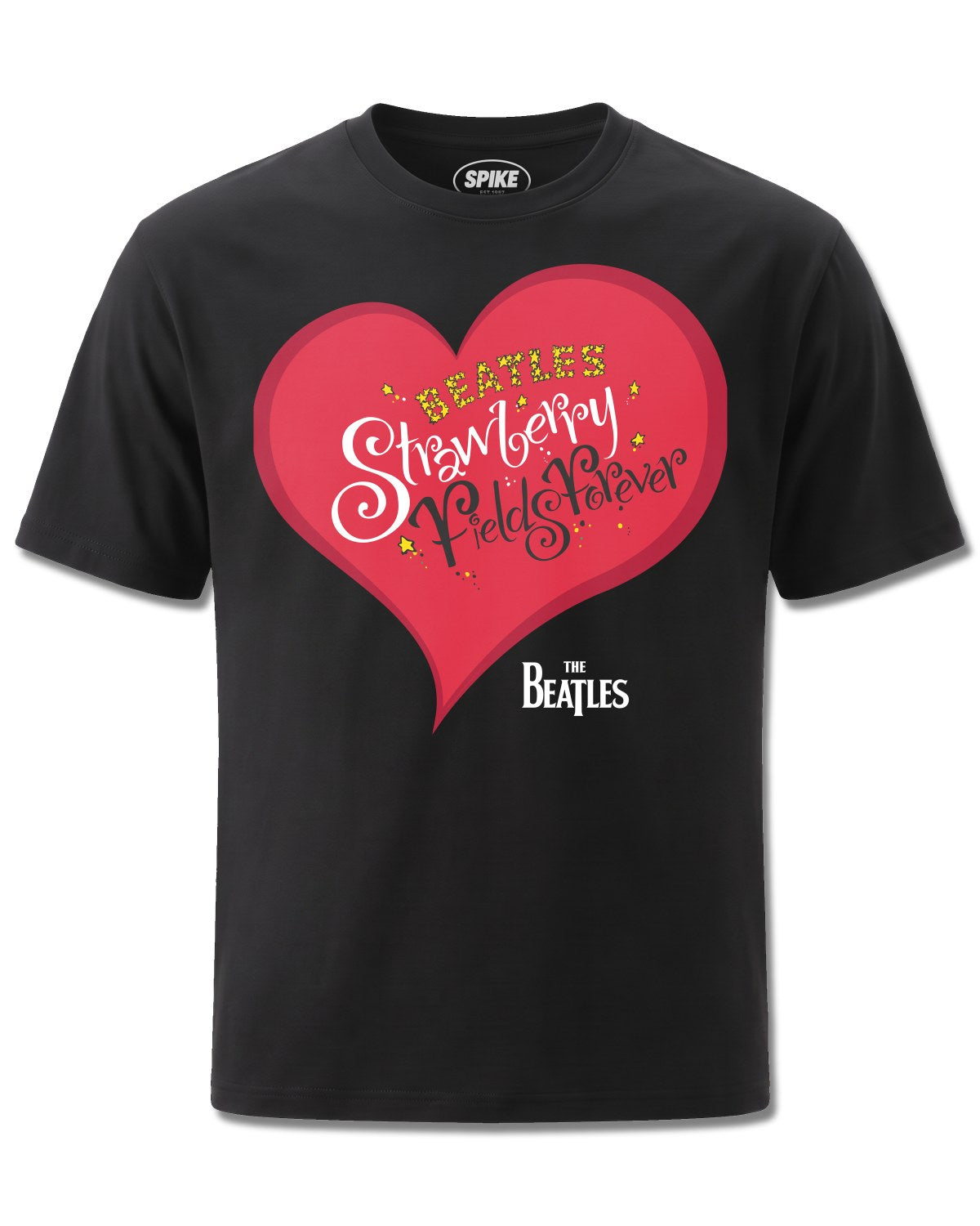 Beatles Strawberry Fields (The Beatles) design, front view on Black M121, Rock Off Retail official merch