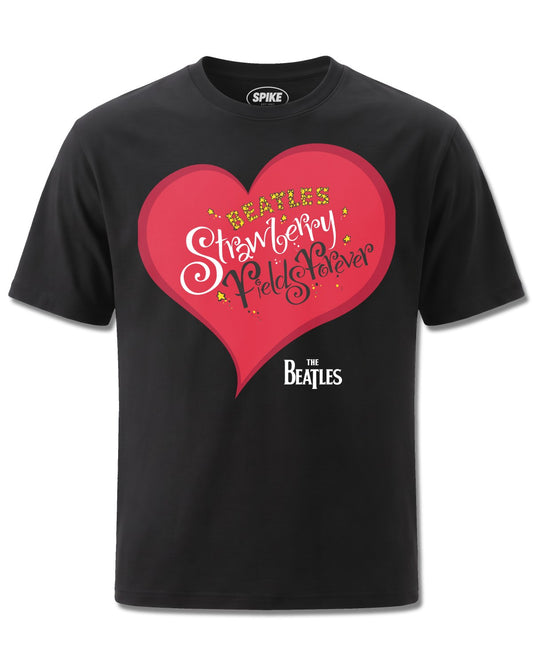 Beatles Strawberry Fields (The Beatles) design, front view on Black M121, Rock Off Retail official merch