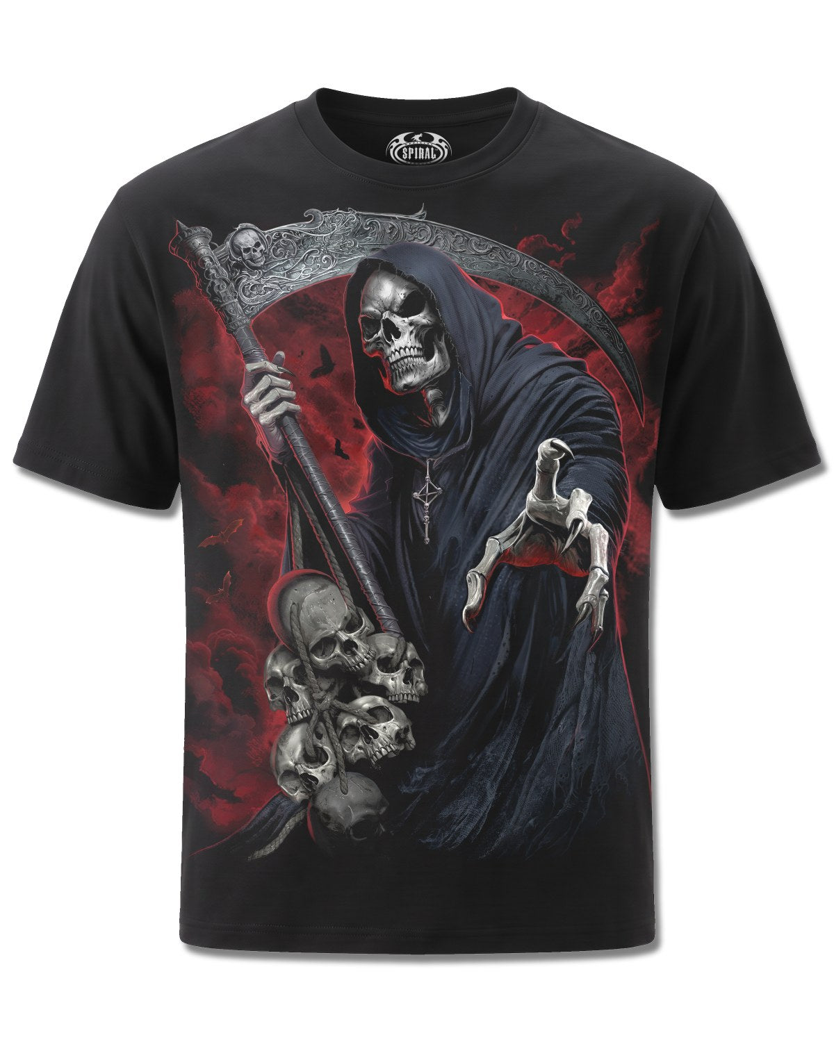 Spiral Reaper Revenge design, front view on Black M121, Rock Off Retail official merch
