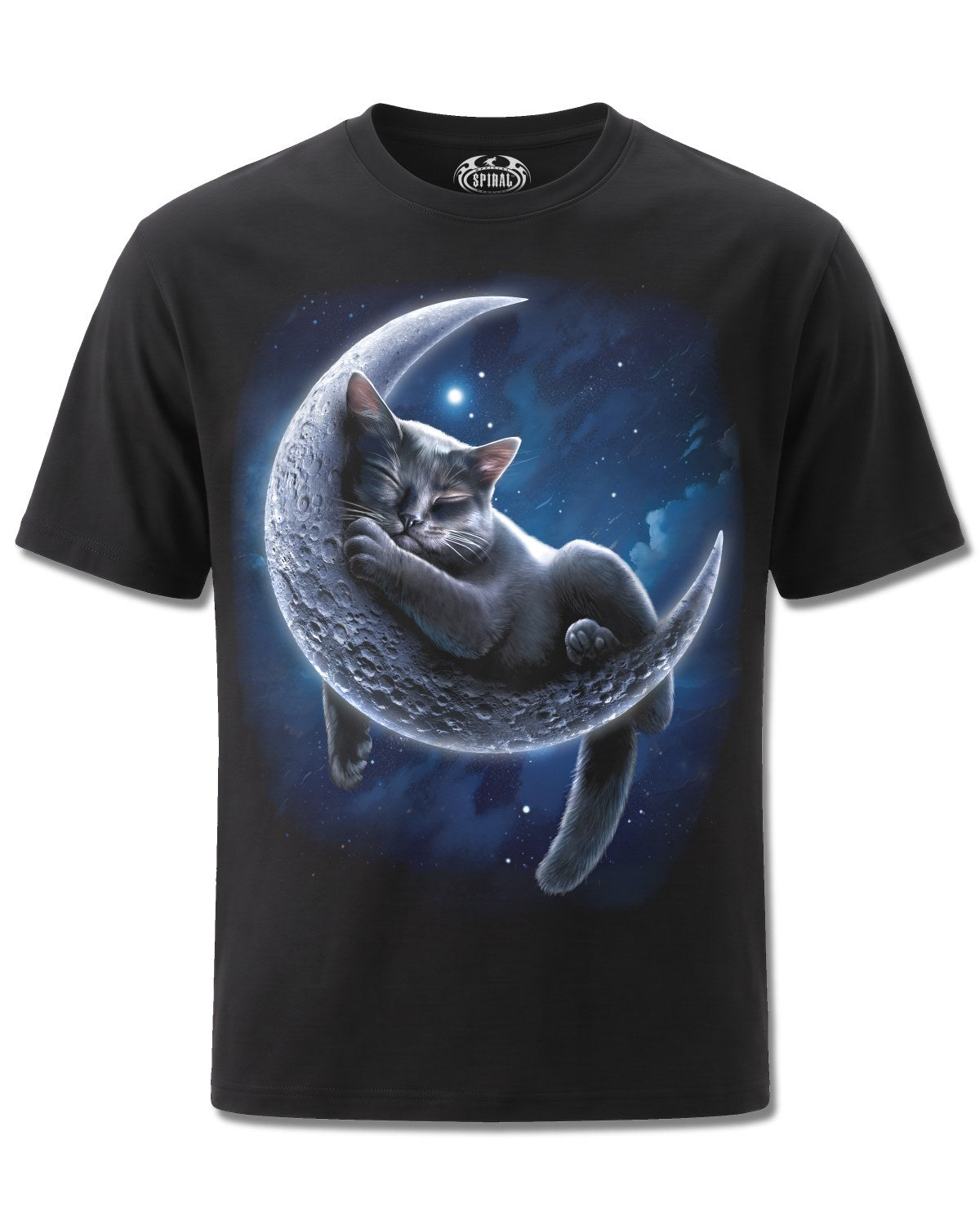 Spiral Velvet Moon design, front view on Black M121, Rock Off Retail official merch