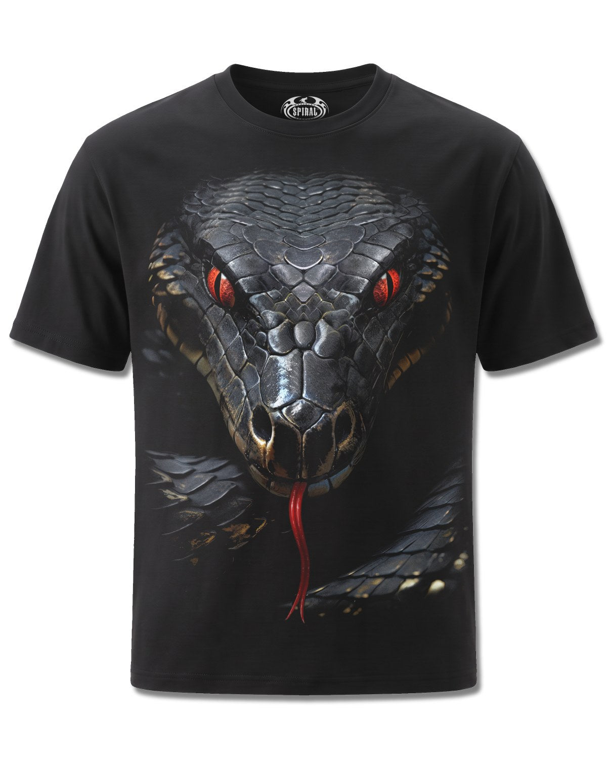 Spiral Basilisk design, front view on Black M121, Rock Off Retail official merch