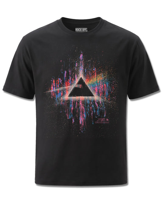 Pink Floyd Dark Side Of The Moon Pink Splatter (Pink Floyd) design, front view on Black M121, Rock Off Retail official merch