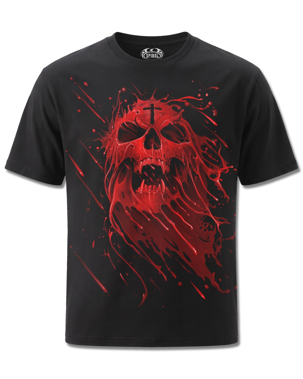 Spiral Pure Blood design, front view on Black M121, Rock Off Retail official merch
