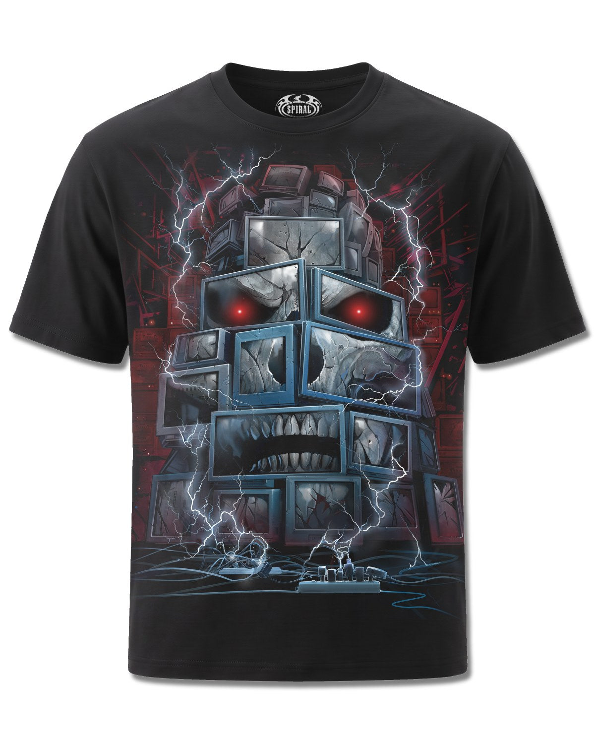 Spiral Death By TV design, front view on Black M121, Rock Off Retail official merch