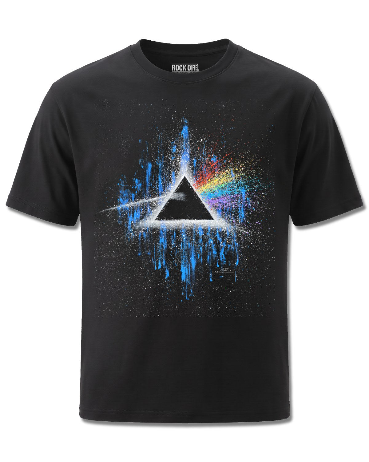 Pink Floyd Dark Side Of The Moon Blue Splatter (Pink Floyd) design, front view on Black M121, Rock Off Retail official merch