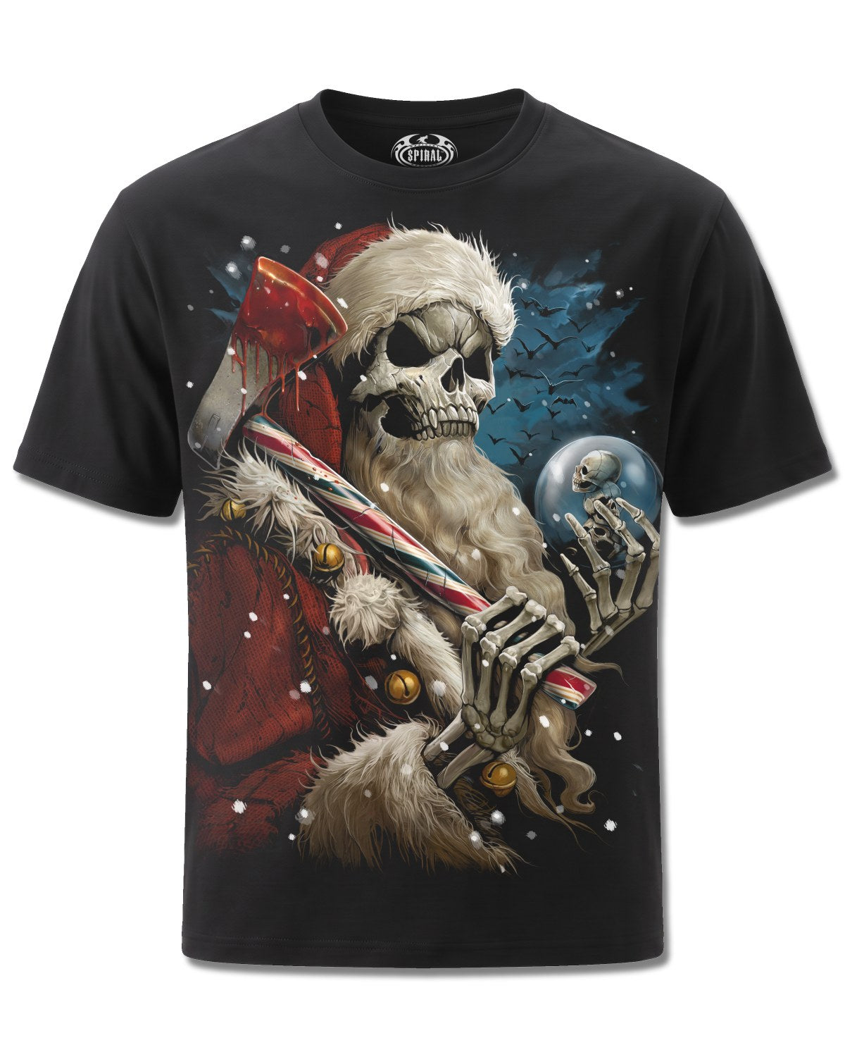 Spiral Candy Cane Santa design, front view on Black M121, Rock Off Retail official merch
