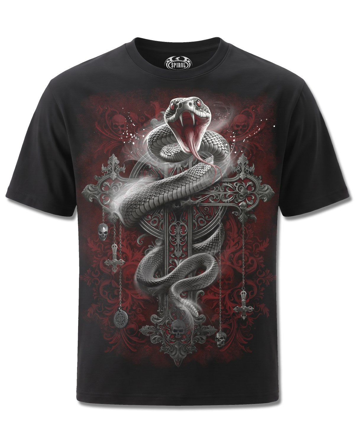Spiral Gothic Serpent design, front view on Black M121, Rock Off Retail official merch