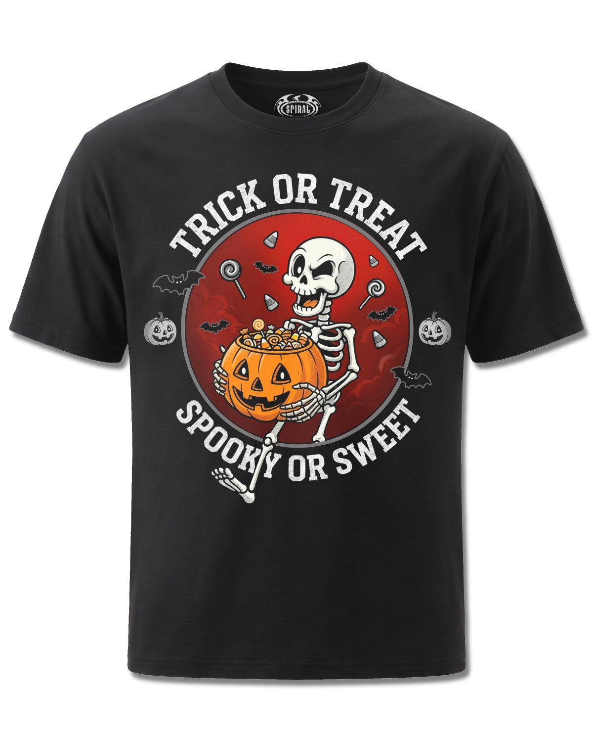 Spiral Spooky Or Sweet design, front view on Black M121, Rock Off Retail official merch