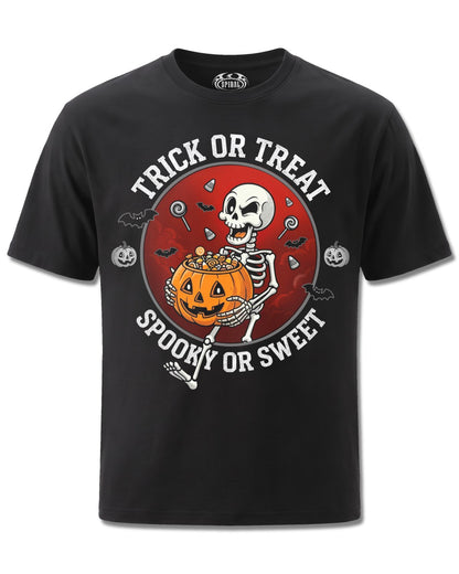 Spiral Spooky Or Sweet design, front view on Black M121, Rock Off Retail official merch