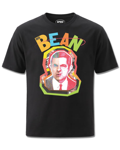 Mr Bean Collage Cut Out (Mr Bean) design, front view on Black M121, Rock Off Retail official merch