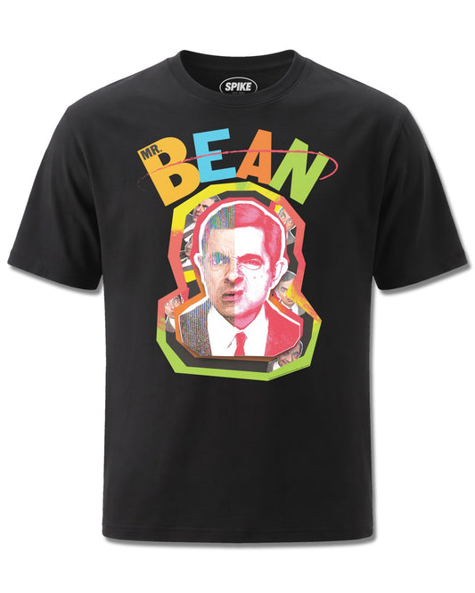 Mr Bean Collage Cut Out (Mr Bean) design, front view on Black M121, Rock Off Retail official merch