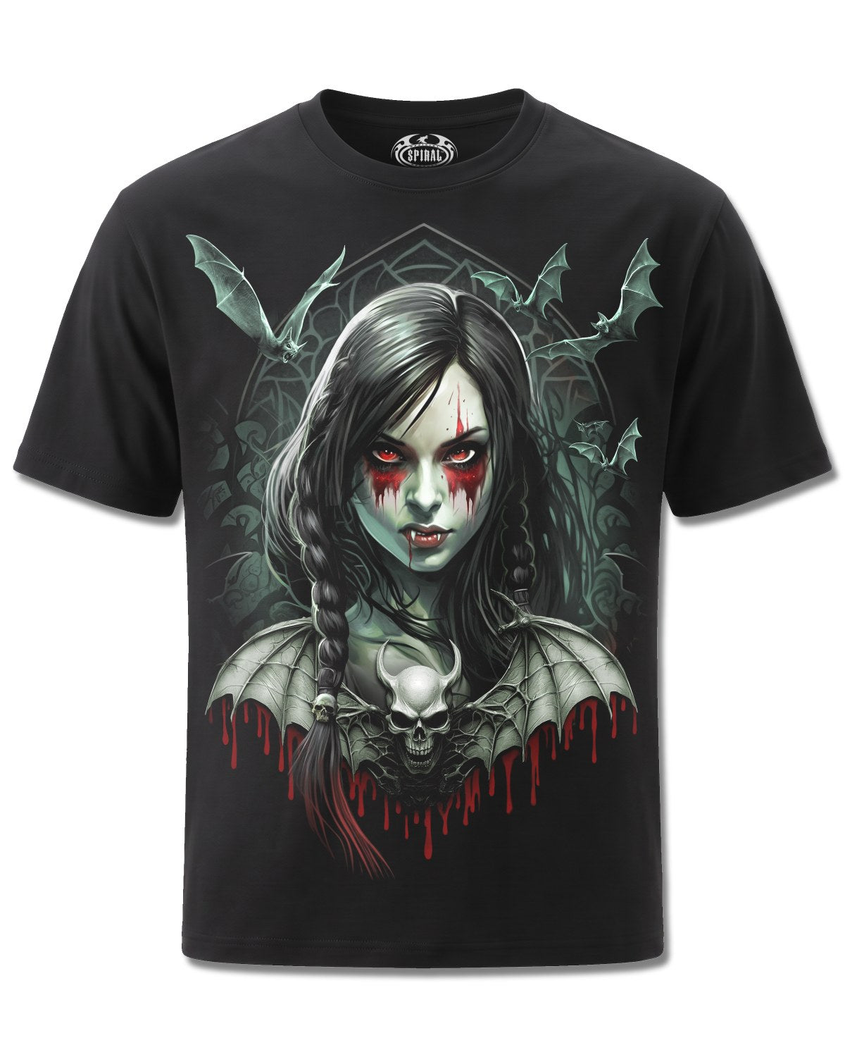 Spiral Hallow's Eve design, front view on Black M121, Rock Off Retail official merch