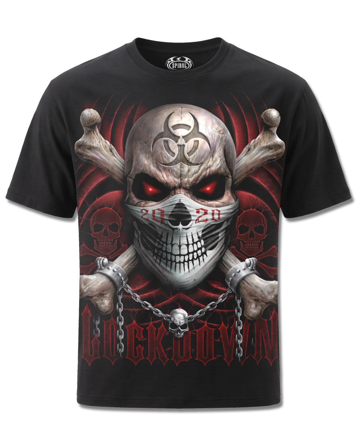 Spiral Lockdown 2020 design, front view on Black M121, Rock Off Retail official merch