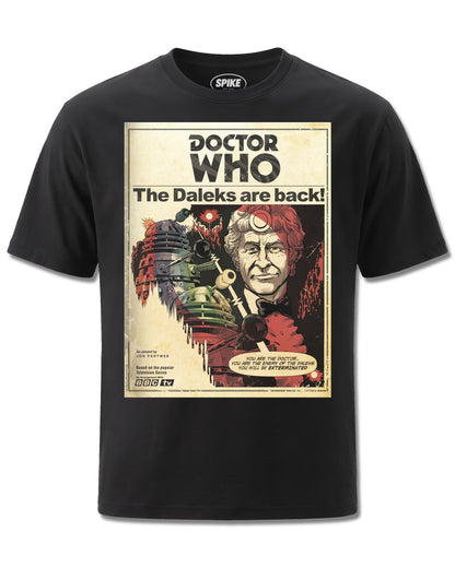 Dr Who Doctor Who The Daleks Are Back (Dr Who) design, front view on Black M121, Rock Off Retail official merch