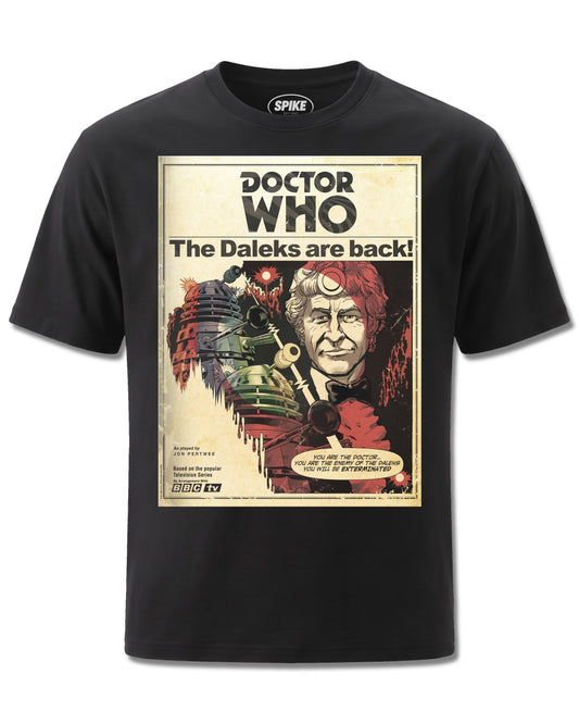 Dr Who Doctor Who The Daleks Are Back (Dr Who) design, front view on Black M121, Rock Off Retail official merch
