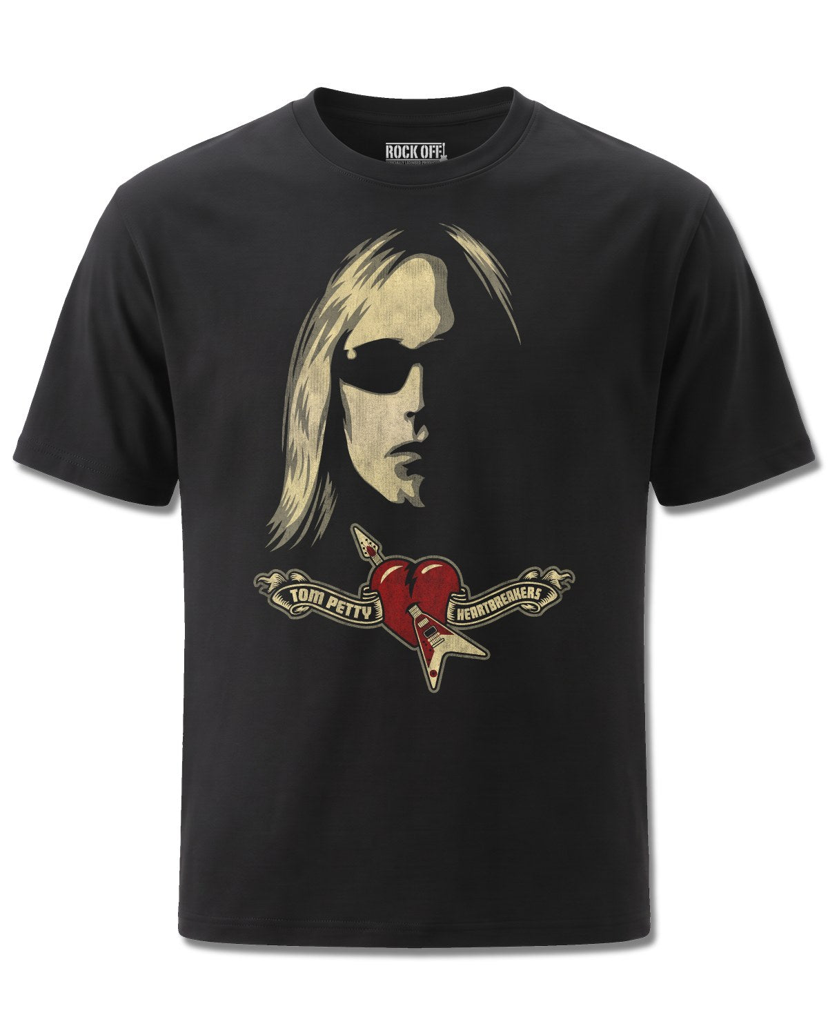 Tom Petty & The Heartbreakers Shades & Logo (Tom Petty) design, front view on Black M121, Rock Off Retail official merch