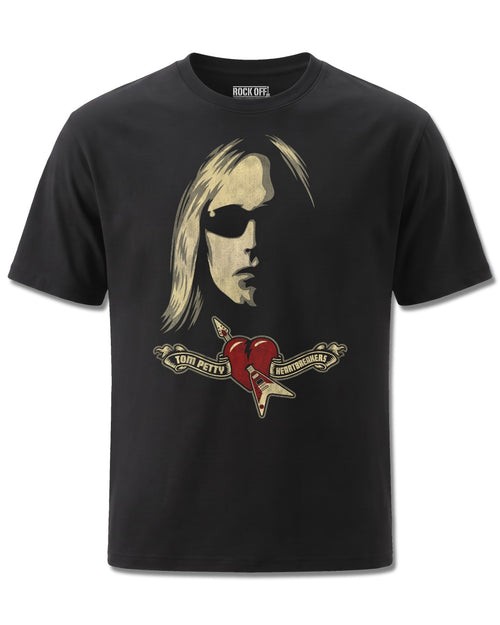 Tom Petty & The Heartbreakers Shades & Logo (Tom Petty) design, front view on Black M121, Rock Off Retail official merch