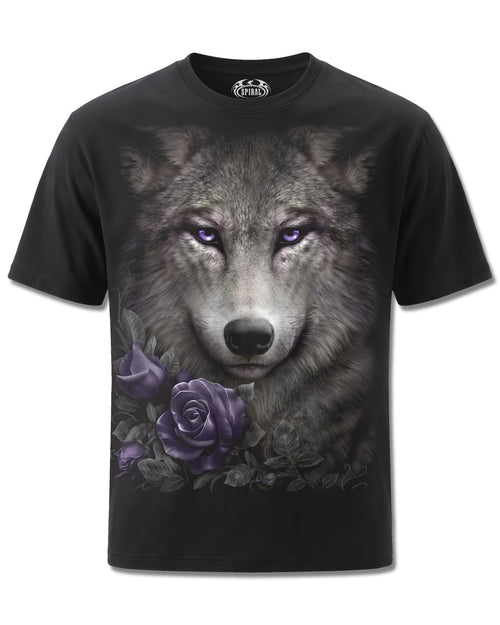 Spiral Wolf Roses design, front view on Black M121, Rock Off Retail official merch
