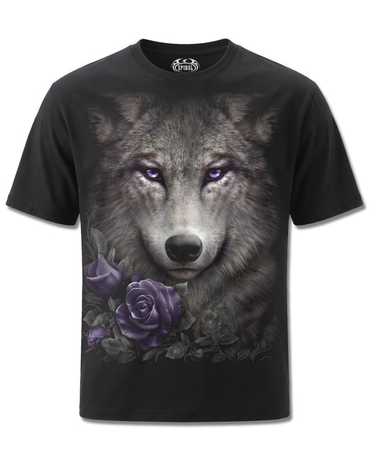Spiral Wolf Roses design, front view on Black M121, Rock Off Retail official merch