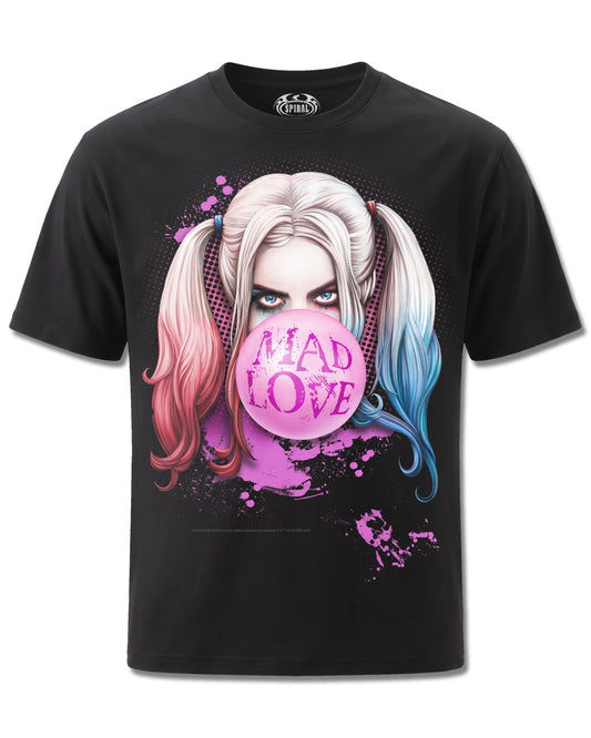 DC Comics Harley Quinn Mad Love (Harley Quinn) design, front view on Black M121, Rock Off Retail official merch