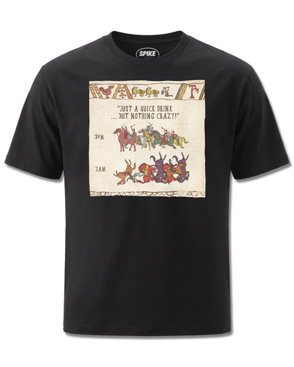Hysterical Heritage Just A Quick Drink (Hysterical Heritage) design, front view on Black M121, Rock Off Retail official merch