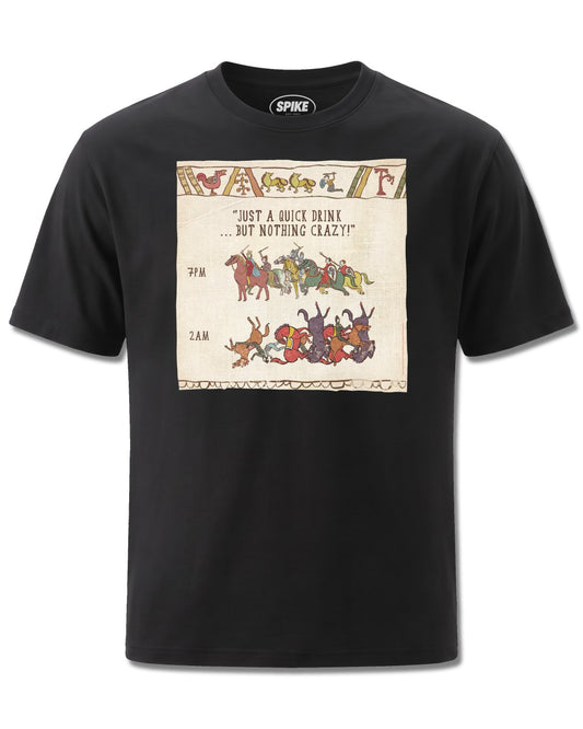 Hysterical Heritage Just A Quick Drink (Hysterical Heritage) design, front view on Black M121, Rock Off Retail official merch