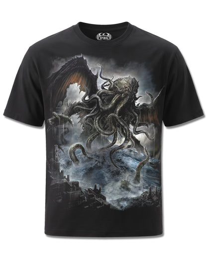 Spiral Cthulhu design, front view on Black M121, Rock Off Retail official merch